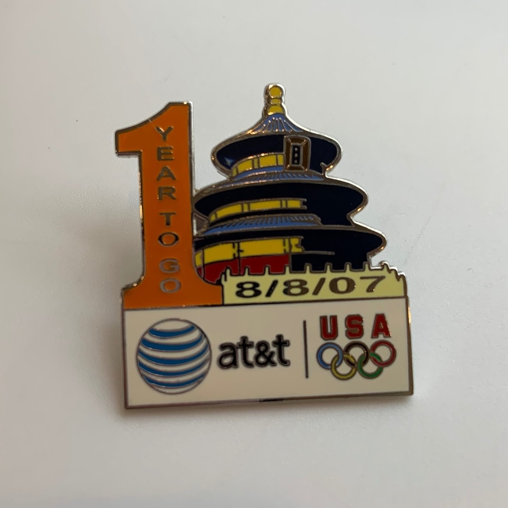 Olympic Games 2008 Countdown 8/8/07 One Year to Go USA AT&T Lapel Pin